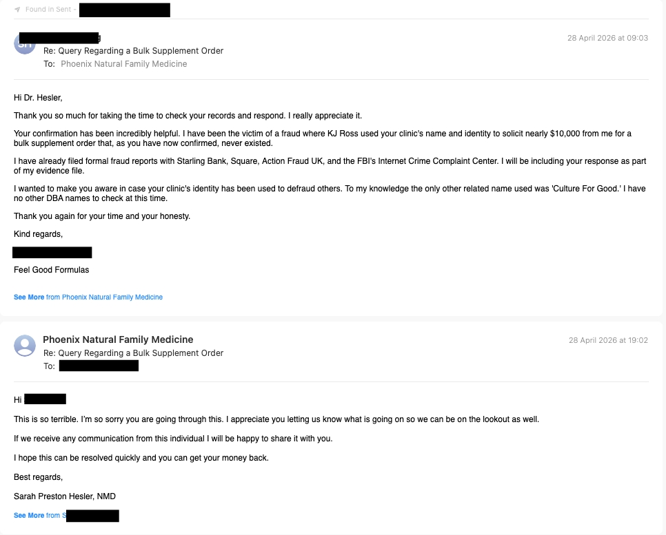 Written confirmation from Phoenix Natural Family Medicine that they have no record of KJ Ross or Authoritative Content LLC
